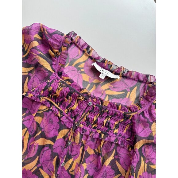JOIE Asseline Purple Floral Print Crinkle Silk Peplum Tie Blouse Top, Size XS - Picture 4 of 9